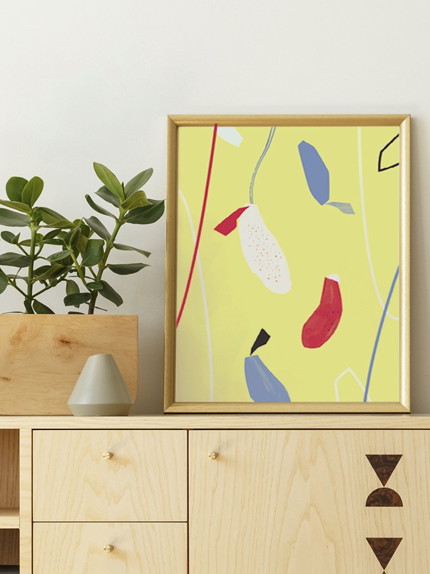 hanging-flowers-yellow-abstract-flowers-poster-in-interior